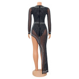 Sexy Mesh Hot Drilling Long Sleeve Irregular Night Club Dress GOSD-6780