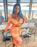 Tie Dye Print Hollow Out Long Sleeve Midi Dress BGN-267