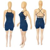 Plus Size Denim Backless Cross Strap Romper LX-3533
