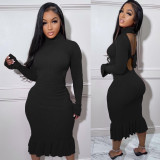 Plus Size Sexy Ribbed Backless Turtleneck Midi Dress BLX-61012