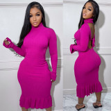 Plus Size Sexy Ribbed Backless Turtleneck Midi Dress BLX-61012
