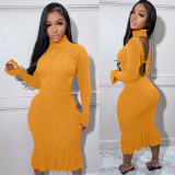 Plus Size Sexy Ribbed Backless Turtleneck Midi Dress BLX-61012