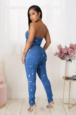 Denim Strapless off Shoulder Tight Jeans Jumpsuit LX-6947