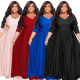 Plus Size Solid 3/4 Sleeve Big Swing Maxi Dress LDS-3313