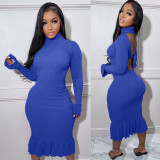 Plus Size Sexy Ribbed Backless Turtleneck Midi Dress BLX-61012