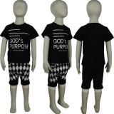 Kids Letter Print Short Sleeve Plaid Shorts Two Piece Set GYMF-YM009