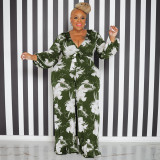 Plus Size Fashion Print V-Neck Jumpsuit With Belt OSIF-22528