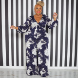 Plus Size Fashion Print V-Neck Jumpsuit With Belt OSIF-22528