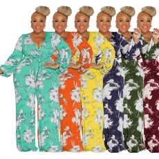 Plus Size Fashion Print V-Neck Jumpsuit With Belt OSIF-22528
