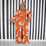 Plus Size Fashion Print V-Neck Jumpsuit With Belt OSIF-22528