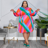 Plus Size Fashion Print Loose Dress With Belt OSIF-22507