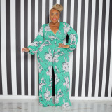 Plus Size Fashion Print V-Neck Jumpsuit With Belt OSIF-22528