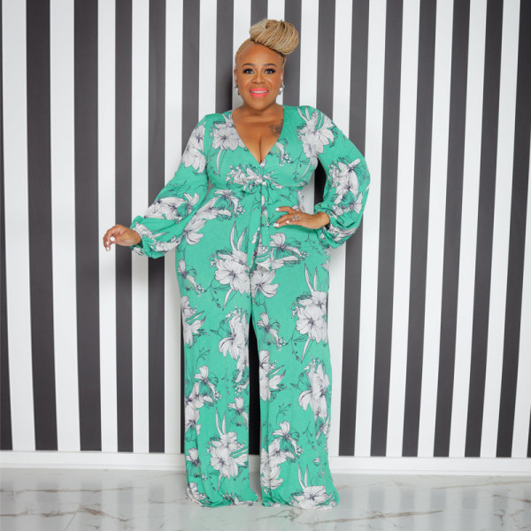 Plus Size Fashion Print V-Neck Jumpsuit With Belt OSIF-22528