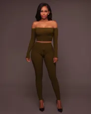 Sexy Ribbed Off Shoulder Two Piece Pants Sets TE-4469
