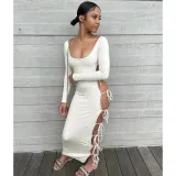 Sexy Lace-Up Hollow Out Long Sleeve Maxi Dress DDF-88186