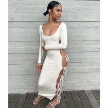 Sexy Lace-Up Hollow Out Long Sleeve Maxi Dress DDF-88186