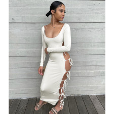 Sexy Lace-Up Hollow Out Long Sleeve Maxi Dress DDF-88186