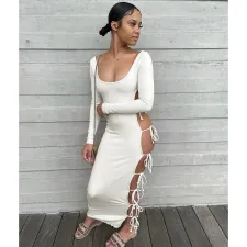 Sexy Lace-Up Hollow Out Long Sleeve Maxi Dress DDF-88186