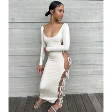 Sexy Lace-Up Hollow Out Long Sleeve Maxi Dress DDF-88186