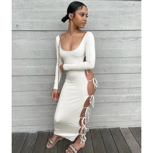 Sexy Lace-Up Hollow Out Long Sleeve Maxi Dress DDF-88186