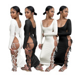 Sexy Lace-Up Hollow Out Long Sleeve Maxi Dress DDF-88186