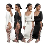 Sexy Lace-Up Hollow Out Long Sleeve Maxi Dress DDF-88186
