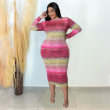 Plus Size Printed Long Sleeve Slim Midi Dress NNWF-7684