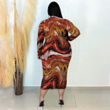 Plus Size Printed Long Sleeve Slim Midi Dress NNWF-7684