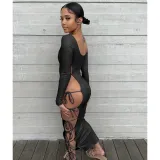 Sexy Lace-Up Hollow Out Long Sleeve Maxi Dress DDF-88186