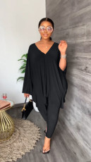 Plus Size Solid V Neck Loose Top And Pants 2 Piece Sets MK-3130