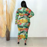 Plus Size Printed Long Sleeve Slim Midi Dress NNWF-7684