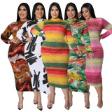 Plus Size Printed Long Sleeve Slim Midi Dress NNWF-7684