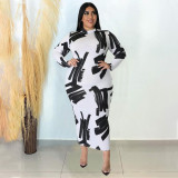 Plus Size Printed Long Sleeve Slim Midi Dress NNWF-7684