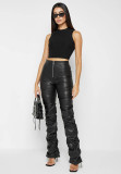 PU Leather Zipper Skinny Stacked Pants GWDS-220915