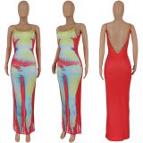 Sexy Printed Backless Spaghetti Strap Maxi Dress FENF-FE240