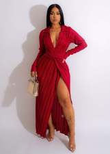 Solid Long Sleeve V Neck Split Maxi Dress OSM-4377