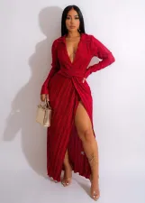 Solid Long Sleeve V Neck Split Maxi Dress OSM-4377