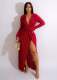 Solid Long Sleeve V Neck Split Maxi Dress OSM-4377
