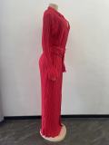 Solid Long Sleeve V Neck Split Maxi Dress OSM-4377