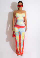 Sexy Printed Backless Spaghetti Strap Maxi Dress FENF-FE240