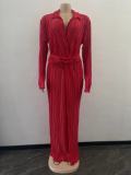 Solid Long Sleeve V Neck Split Maxi Dress OSM-4377