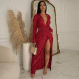 Solid Long Sleeve V Neck Split Maxi Dress OSM-4377