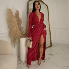 Solid Long Sleeve V Neck Split Maxi Dress OSM-4377