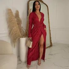 Solid Long Sleeve V Neck Split Maxi Dress OSM-4377