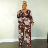 Plus Size Floral Print V Neck Belted Jumpsuit OSIF-22533