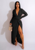 Solid Long Sleeve V Neck Split Maxi Dress OSM-4377
