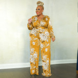 Plus Size Floral Print V Neck Belted Jumpsuit OSIF-22533