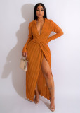 Solid Long Sleeve V Neck Split Maxi Dress OSM-4377