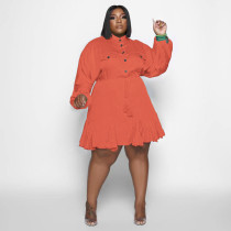 Plus Size Solid High Waist Long Sleeve Dress OSIF-22527