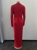 Solid Long Sleeve V Neck Split Maxi Dress OSM-4377